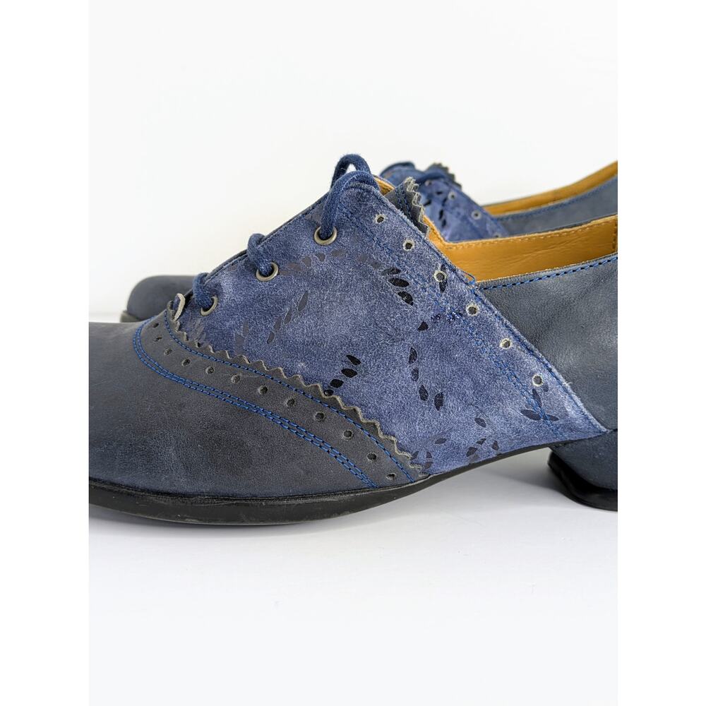 John Fluevog Erika Fellowship Oxford 9 Blue Two Tone Saddle Shoe Lace Low Heel - Picture 15 of 16